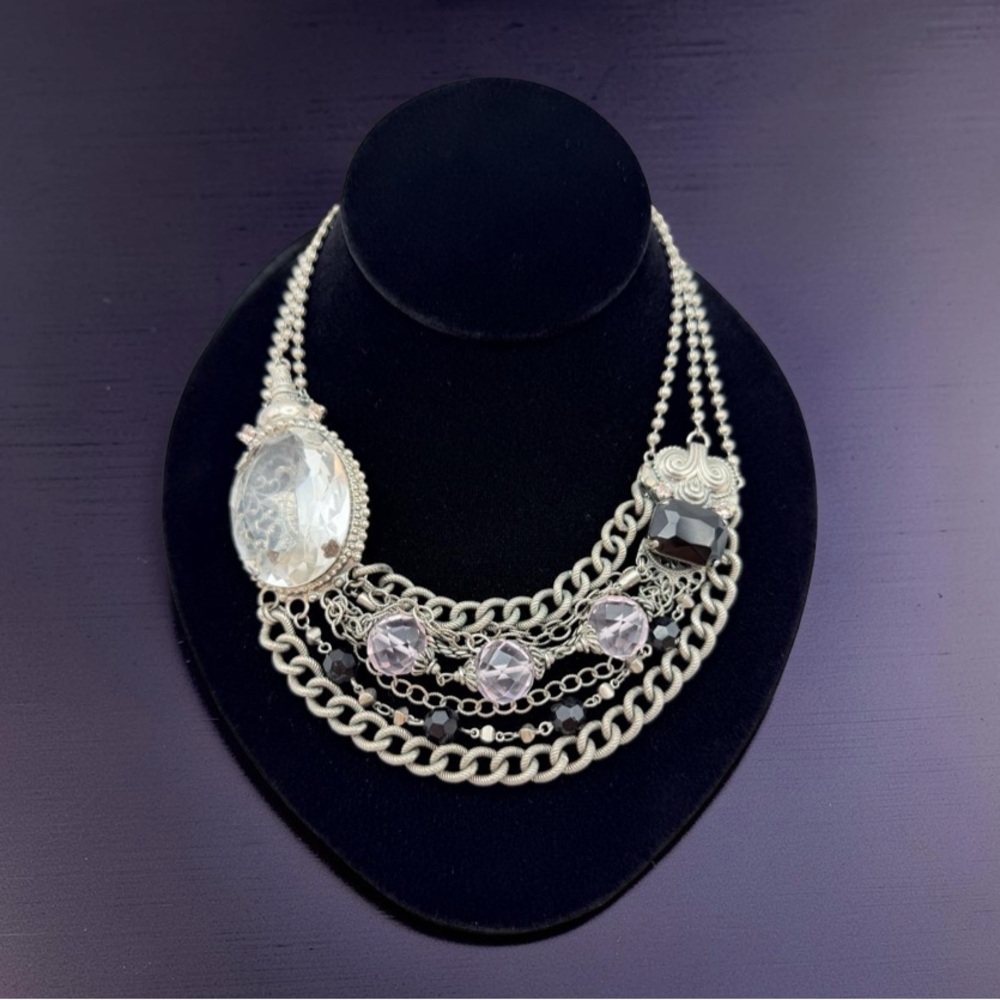 Vintage Sorrelli Statement Necklace – Pink & Black Crystal, Rare Multi Strand